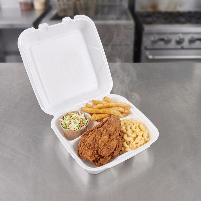 White Foam Take-Out Container, Hinged Lid — 9×6×3"