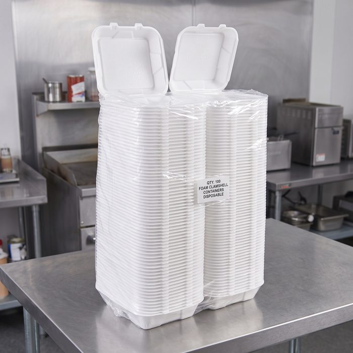 White Foam Take-Out Container, Hinged Lid — 9×6×2.5"